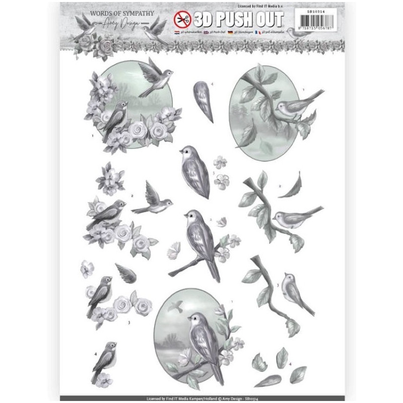 Carte 3D prédéc. - Amy Design - Words of Sympathy - Oiseaux et fleurs 
