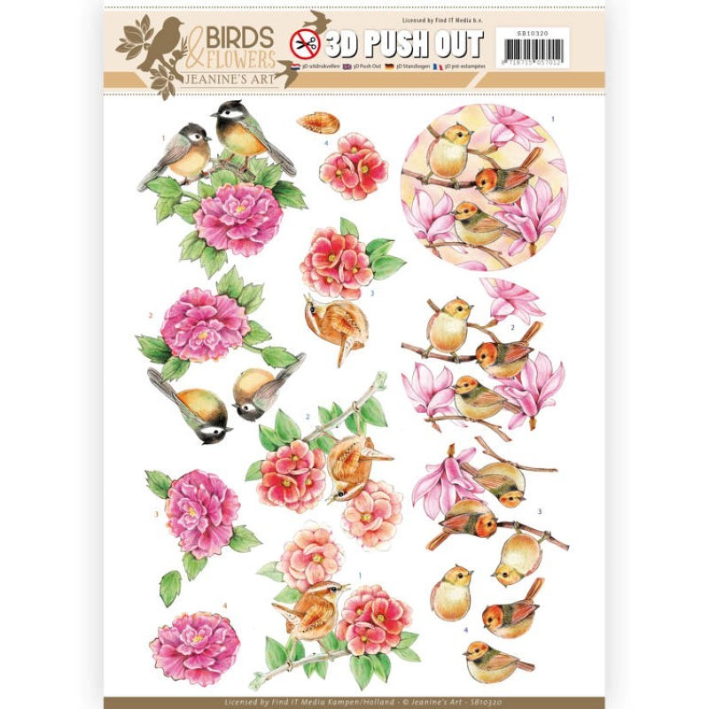 Carte 3D prédéc. - Jeanine's Art - Birds and Flowers - Oiseaux roses