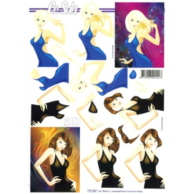 Carte 3D à découper - 2 pin-ups robe bleue et noire - 777187 Carte 3D à découper - 2 pin-ups robe bleue et noire - 777187