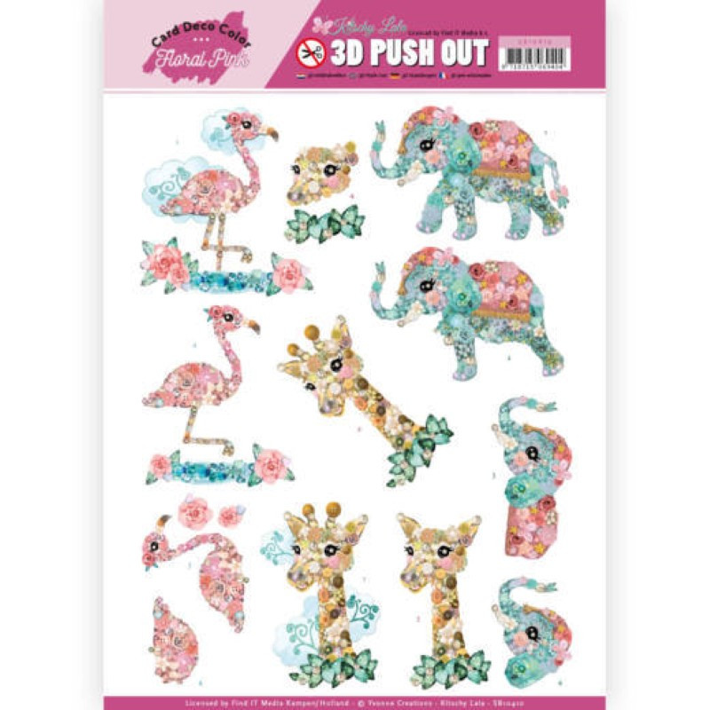 Carte 3D prédéc. - SB10410 - Kitschy Lala - Flamand rose éléphant et girafe