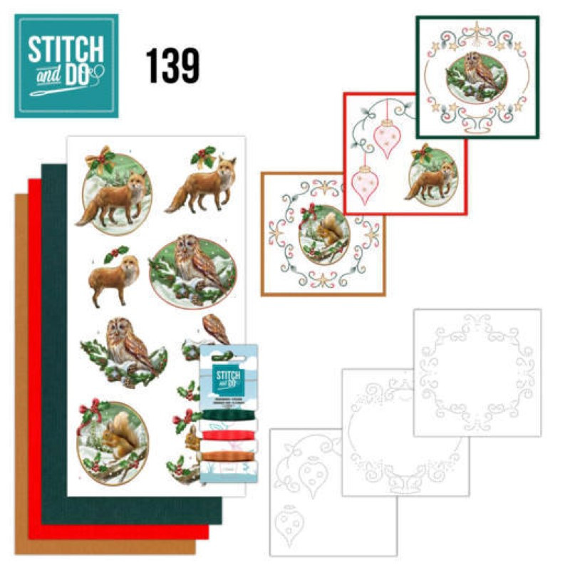 Stitch and do 139 - kit Carte 3D broderie -  Christmas flowers - Renard, chouette et écureuil