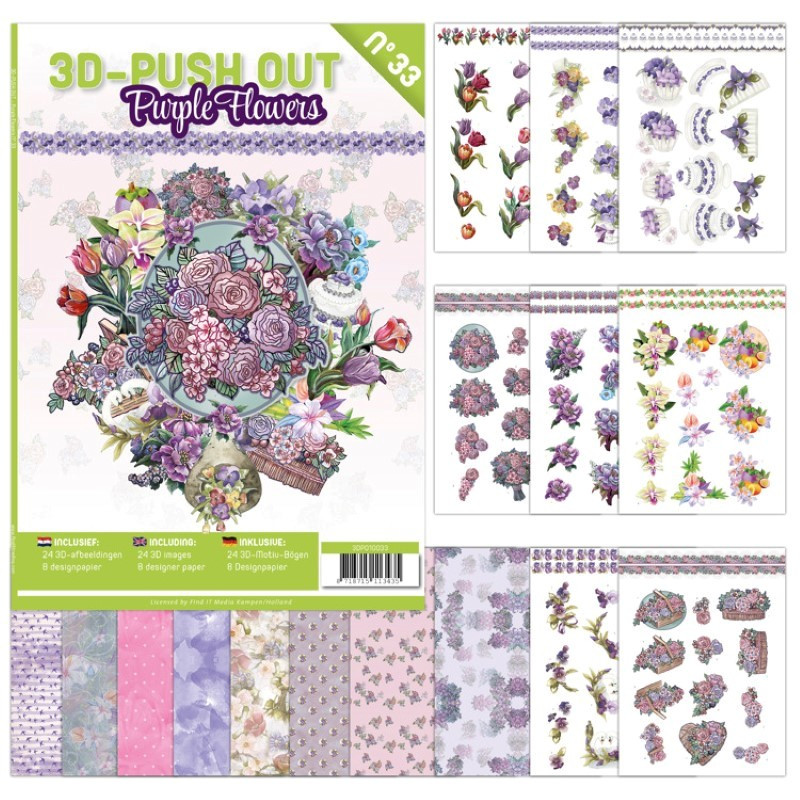 Carte 3D livre A4 prédécoupé - Fleurs pourpres 24 images + papiers