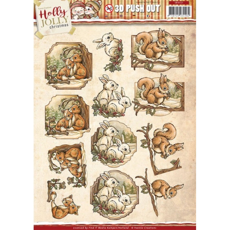 Carte 3D prédéc. - SB10121 - Holly Jolly Christmas - écureuils renard et lapins