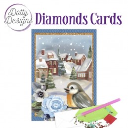 Carte Broderie Diamant - Oiseau dans un village de Noël enneigé - DDDC1160