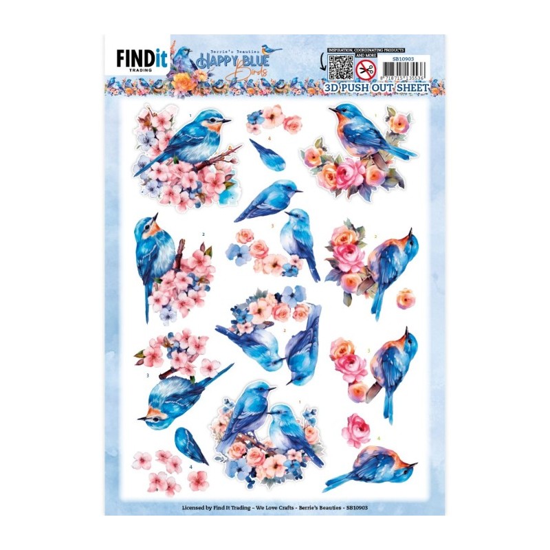 Carte 3D prédéc. - SB10903 - Happy blue birds  - Oiseaux et fleurs roses