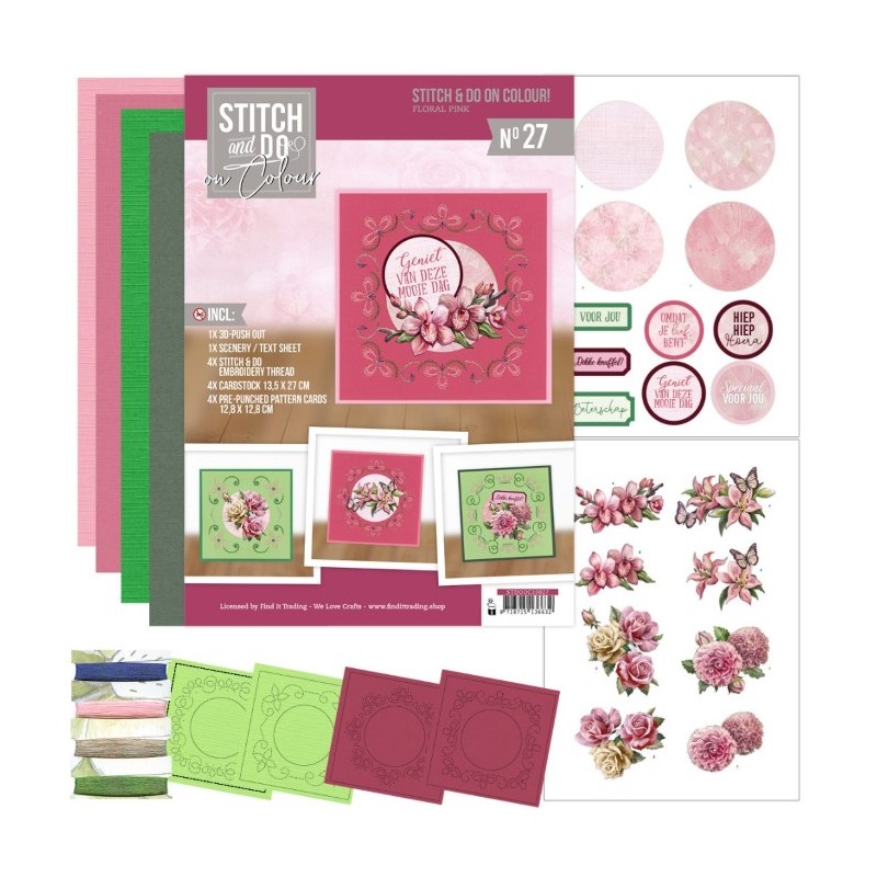 Stitch and Do on Colour 027 - Kit Carte 3D à broder de couleur - Fleurs roses