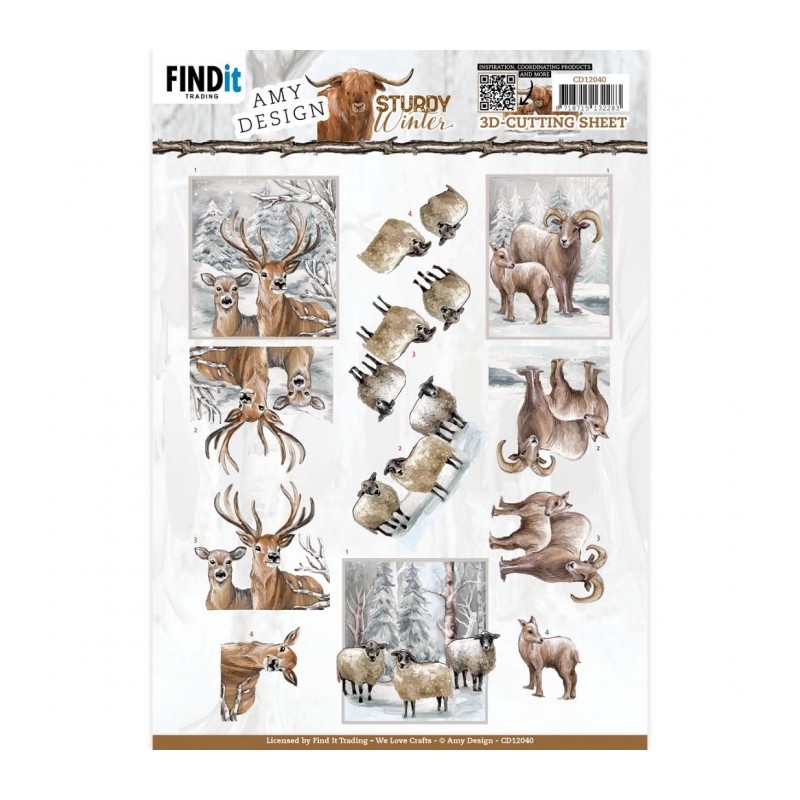 Carte 3D à découper - CD12040 - Sturdy winter  - Cerf et moutons