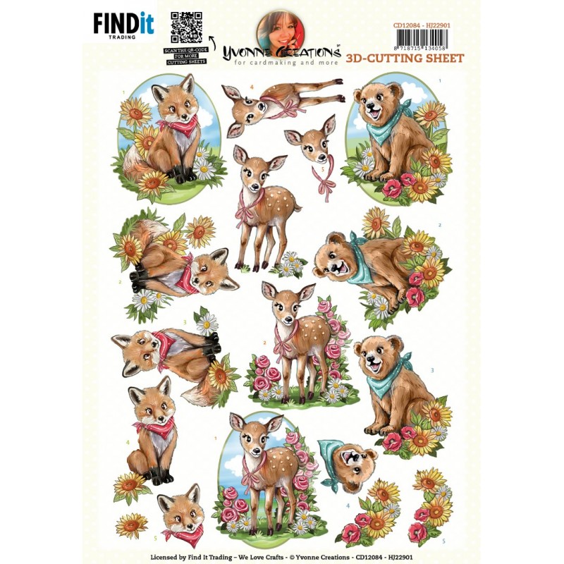 Carte 3D à découper - CD12084 - Animaux mignons renard faon et ourson