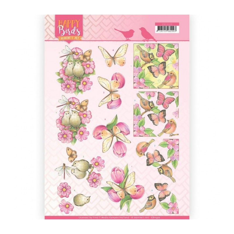 Carte 3D à découper - CD11322 - Oiseaux et fleurs roses