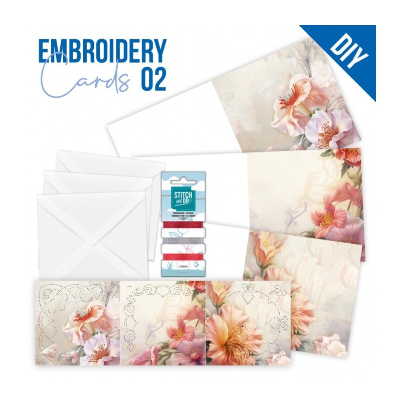 Kit de 3 Cartes à broder imprimées  - STDOPP002 - Fleurs rouges