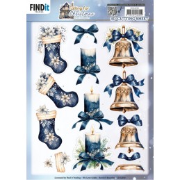 Carte 3D à découper - CD12250 - Noël en bleu - Chaussettes bougies et cloches