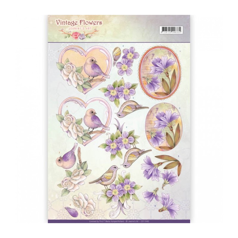 Carte 3D à découper - CD11048 - Fleurs vintage mauve cœurs Carte 3D à découper - CD11048 - Fleurs vintage mauve cœurs