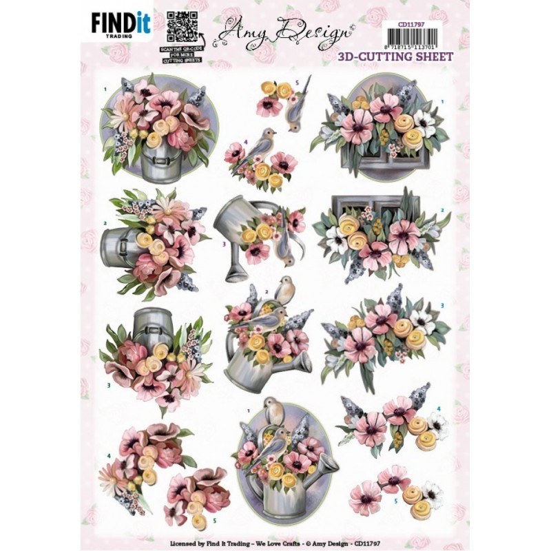 Carte 3D à découper - CD11797 - Bouquet de Fleurs et arrosoir