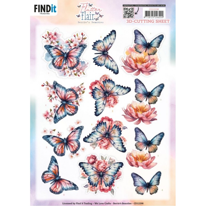 Carte 3D à découper - CD12298 - Fleurs et Papillons - Ton rose Carte 3D à découper - CD12298 - Fleurs et Papillons - Ton rose