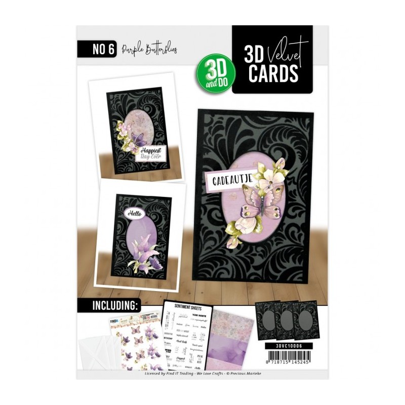 Cartes 3D Velours A6 prédécoupé N°6 - Papillons pourpres - 3 cartes + enveloppes Cartes 3D Velours A6 prédécoupé N°6 - Papillons pourpres - 3 cartes + enveloppes