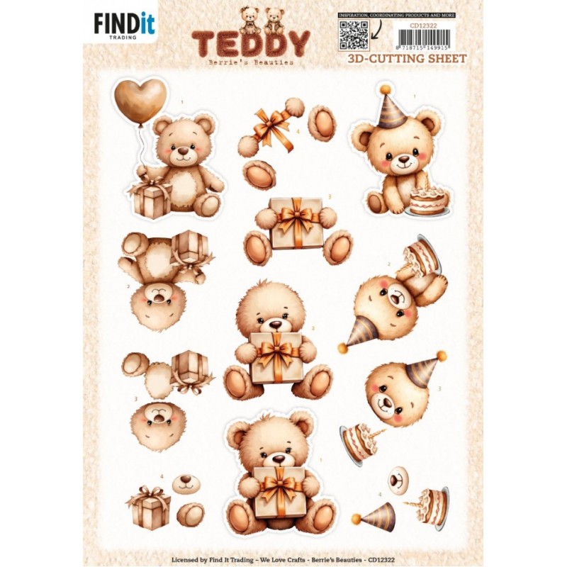 Carte 3D à découper - CD12322 - Teddy - Anniversaires Carte 3D à découper - CD12322 - Teddy - Anniversaires