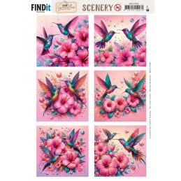 Carte Scène prédéc. - BBSC10096 - Colibris fleurs roses - carrés