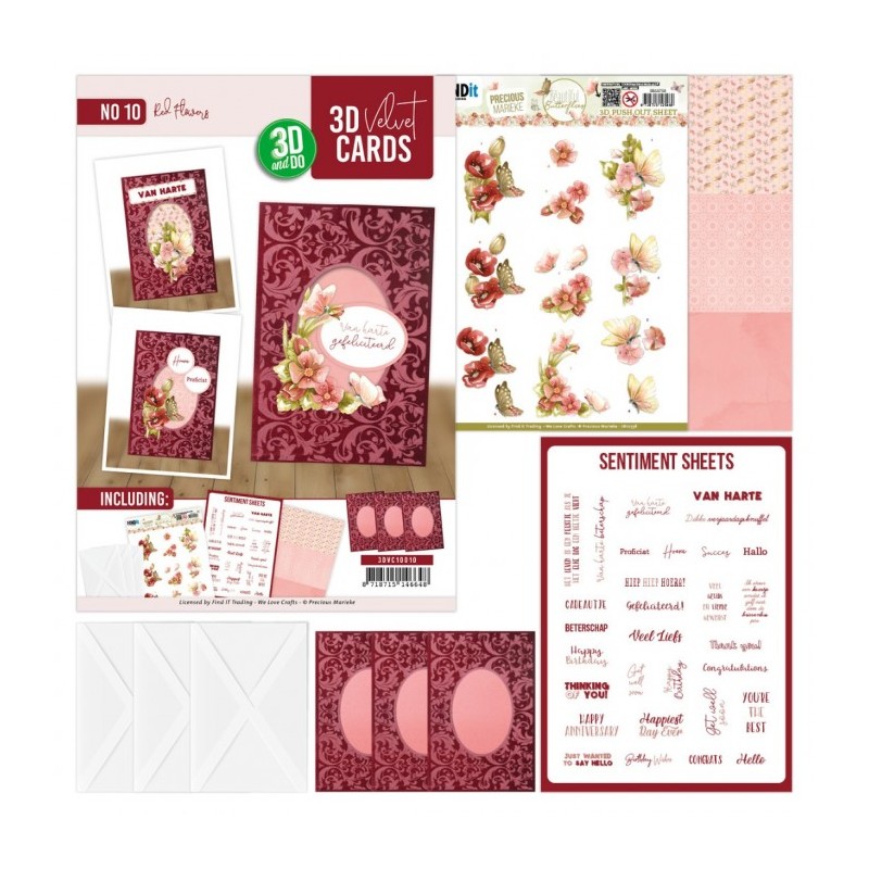 Cartes 3D Velours A6 prédécoupé N°10 - Fleurs rouges - 3 cartes + enveloppes