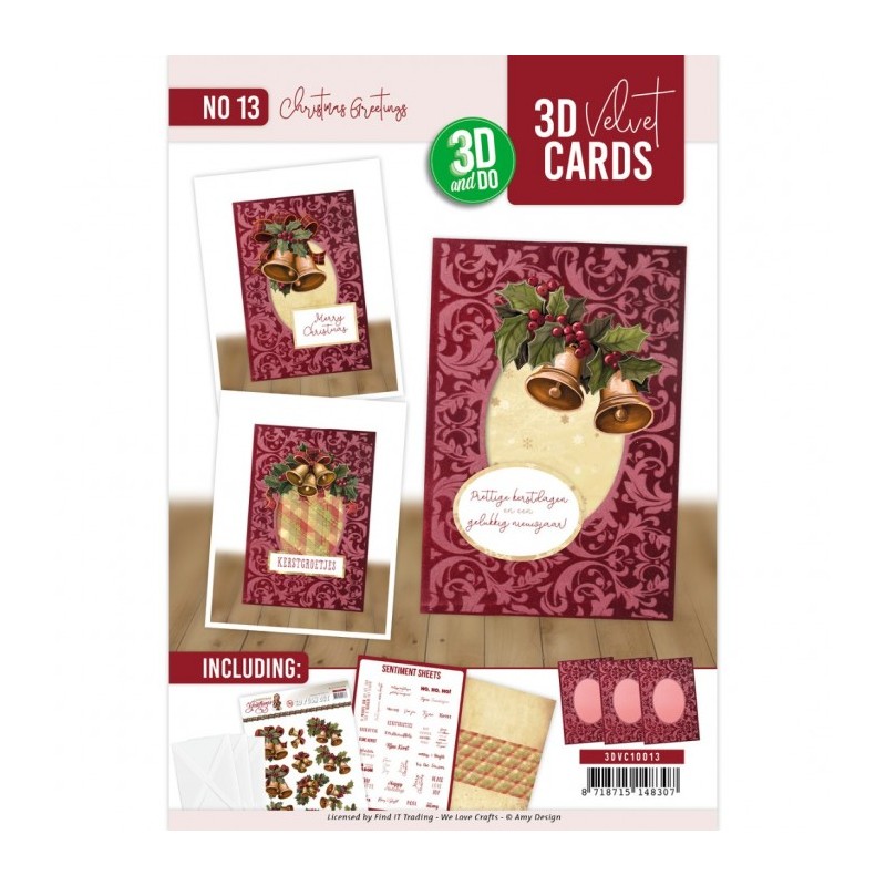 Cartes 3D Velours A6 prédécoupé N°13 - Cloches de Noël - 3 cartes + enveloppes