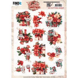 Carte 3D à découper - CD12358 - Noël floral - Cadeaux