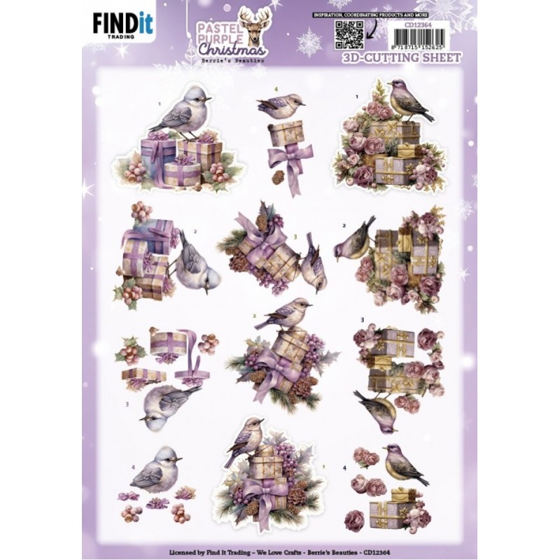 Carte 3D à découper - CD12364 - Noël violet pastel - Oiseaux Carte 3D à découper - CD12364 - Noël violet pastel - Oiseaux