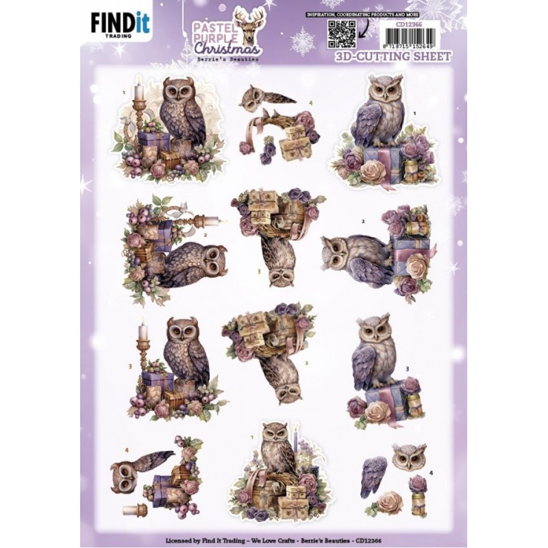 Carte 3D à découper - CD12366 - Noël violet pastel - Chouettes et cadeaux Carte 3D à découper - CD12366 - Noël violet pastel - Chouettes et cadeaux