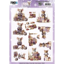 Carte 3D à découper - CD12367 - Noël violet pastel - Souris et cadeaux