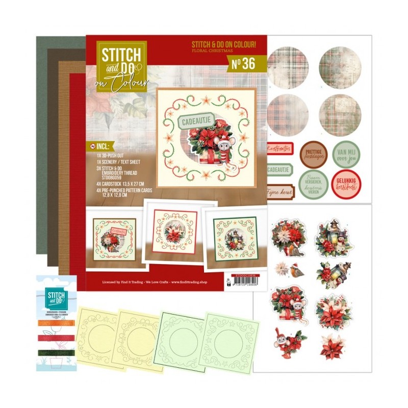 Kit Carte 3D à broder de couleur - Stitch and Do on Colour 036 - Noël floral contenu Kit Carte 3D à broder de couleur - Stitch and Do on Colour 036 - Noël floral contenu