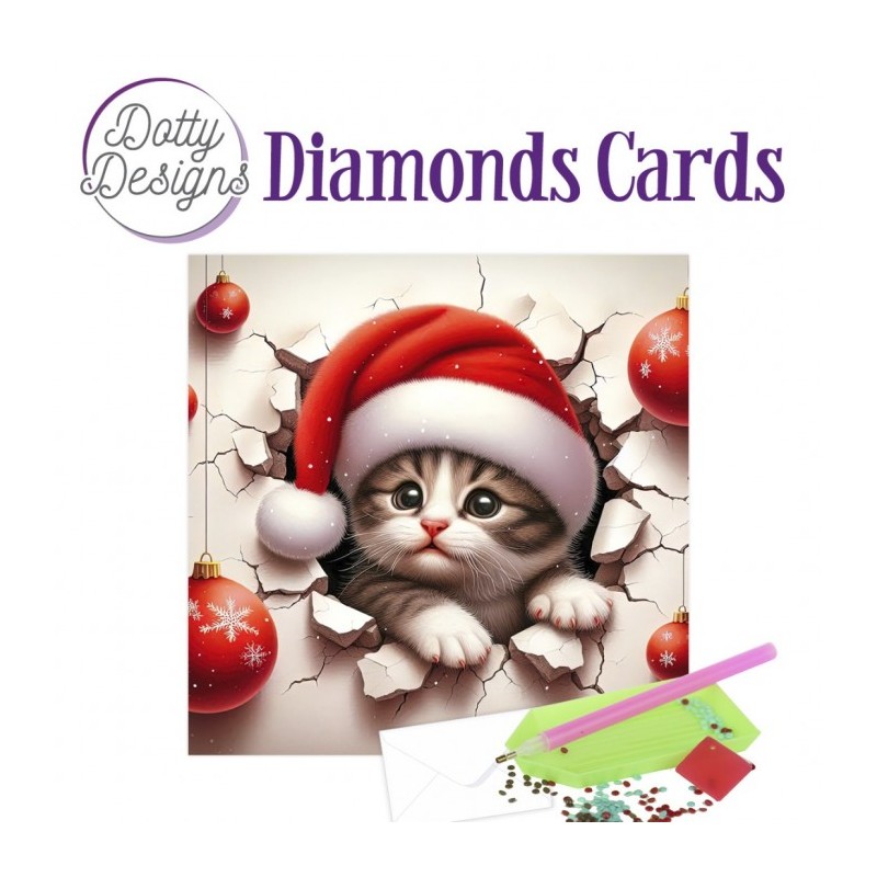 Carte Broderie Diamant - Chaton trop mignon à Noël - DDDC1206