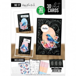 Cartes 3D Velours A6 prédécoupé N°17 - Oiseaux bleus - 3 cartes + enveloppes