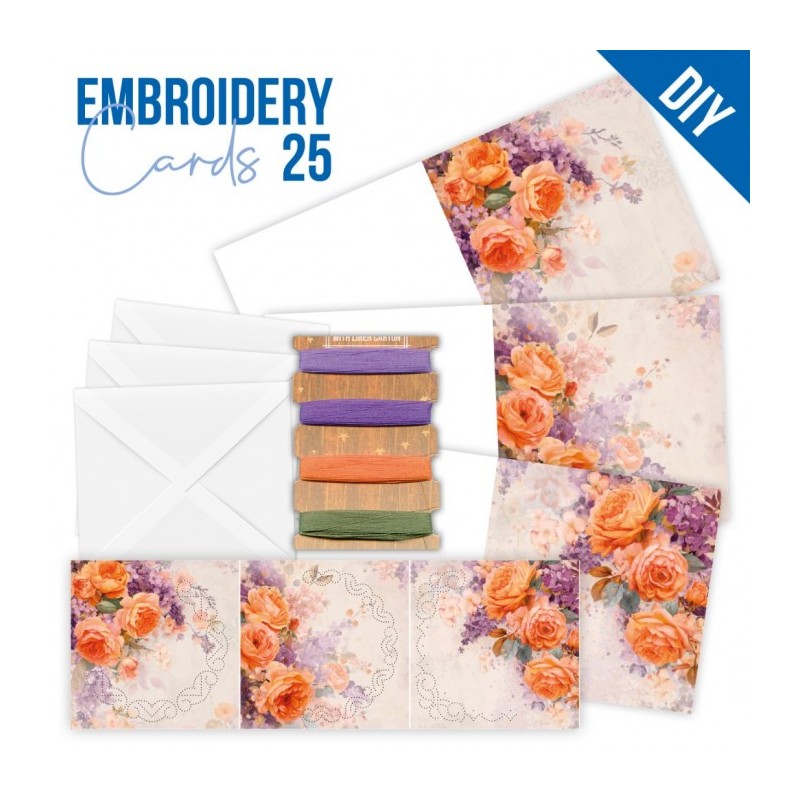 Kit de 3 Cartes à broder imprimées  - STDOPP025 - Roses orangées