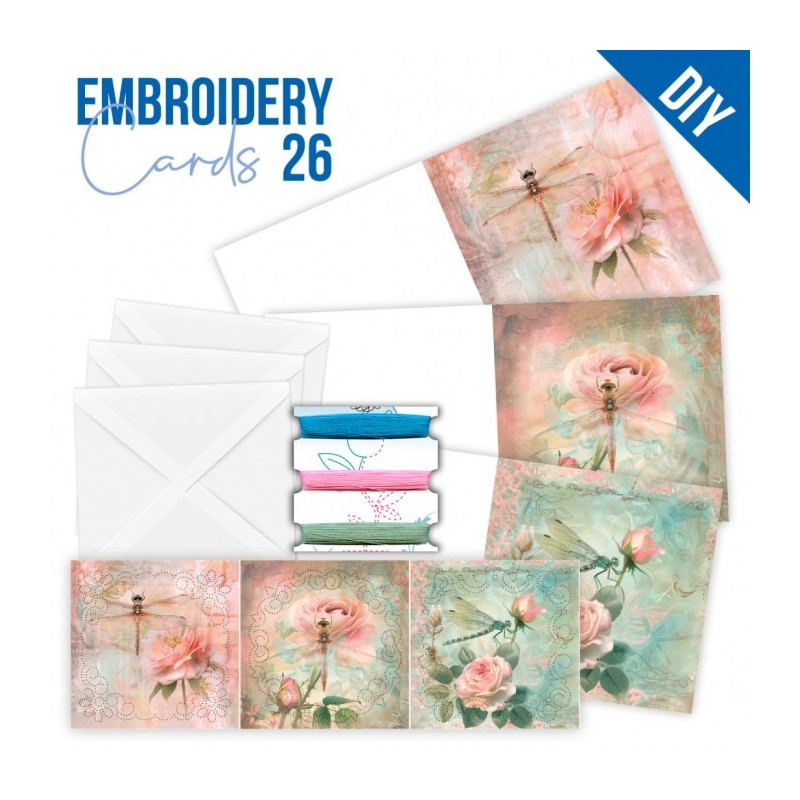 Kit de 3 Cartes à broder imprimées  - STDOPP026 - Roses et libellules