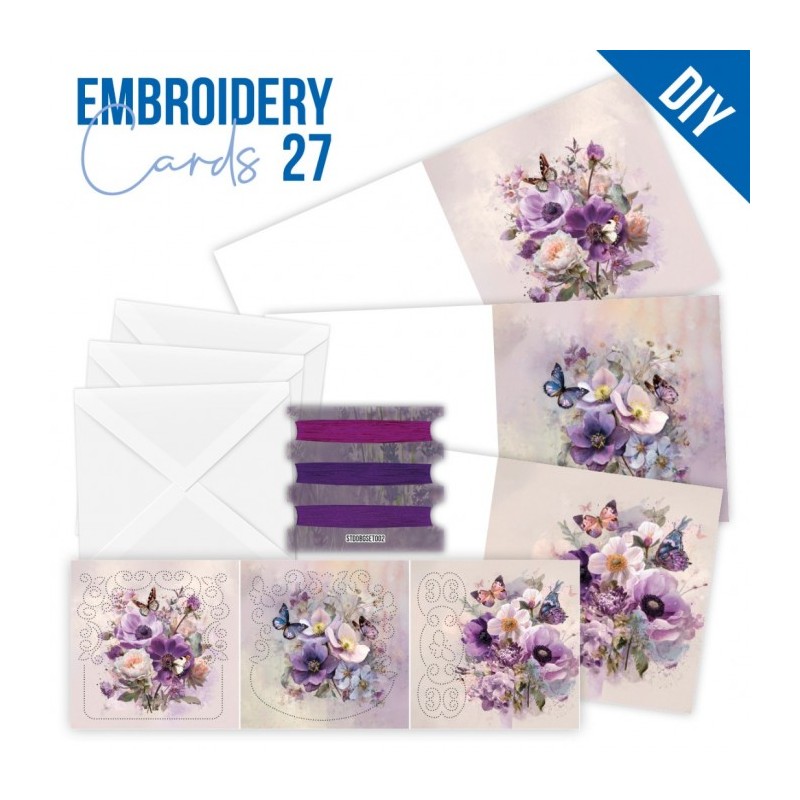Kit de 3 Cartes à broder imprimées  - STDOPP027 - Fleurs pourpres