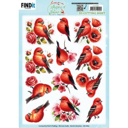 Carte 3D à découper - CD12436 - Fleurs et Oiseaux - Rouge