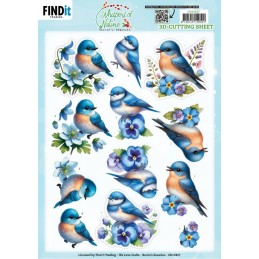 Carte 3D à découper - CD12437 - Fleurs et Oiseaux - Bleu