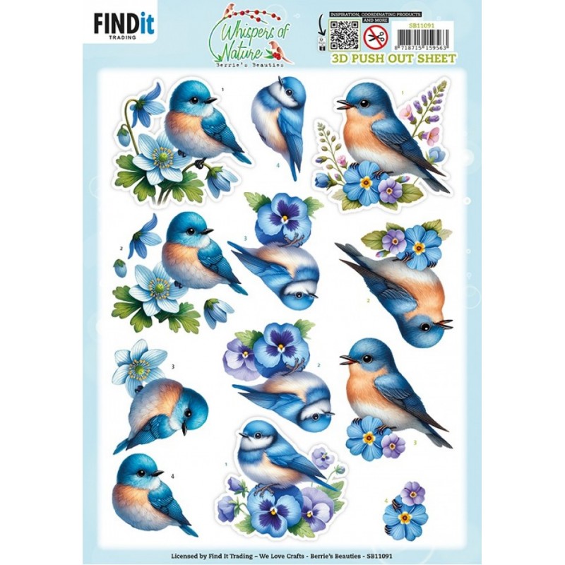 Carte 3D prédéc. - SB11091 - Fleurs et oiseaux - Bleu