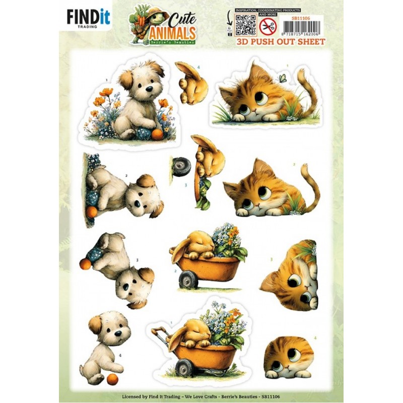 Carte 3D prédéc. - SB11106 - Animaux mignons - Chat chien lapin