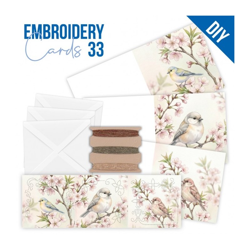 Kit de 3 Cartes à broder imprimées  - STDOPP033 - Oiseaux sur branches fleuries