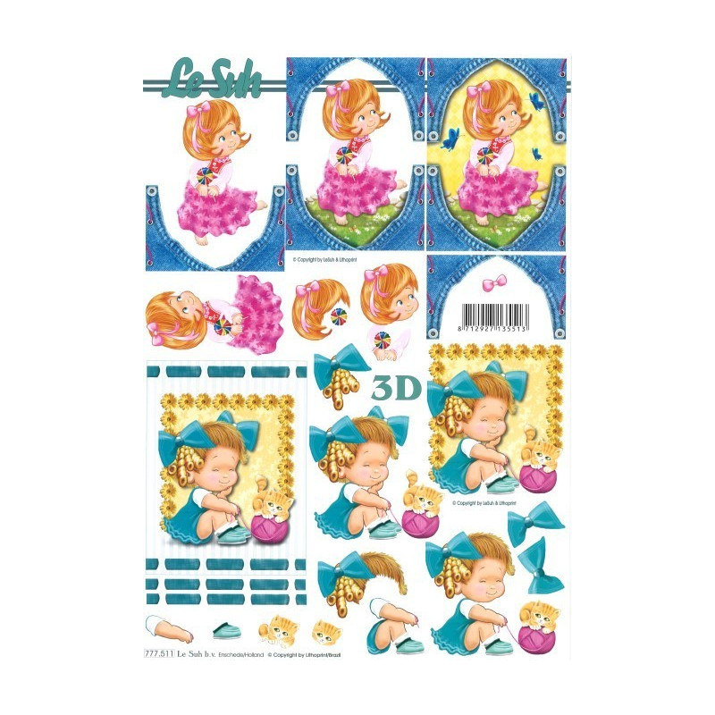 Carte 3D à découper -  jeune fille et chaton